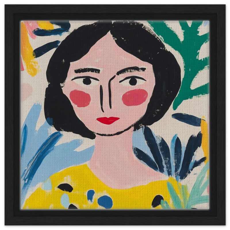 edc54f23-f1a3-48cb-ab25-f1db42f16d93.jpg Retrato estilo pintura moderna con rostro de mujer y fondo con plantas, arte digital vibrante y colorido.