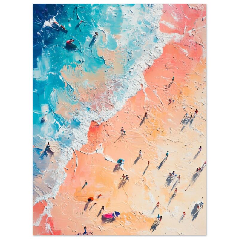 Viento y olas en la playa, pintura digital artística con figuras humanas y sombra, estilo abstracto y colorido.
