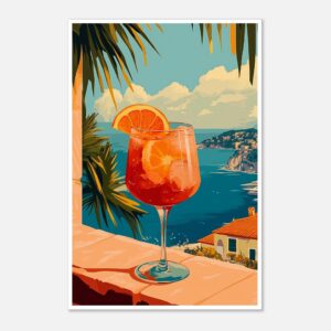 Refresco con fruta en mirador con vista al mar en Costa Amalfitana, Italia.