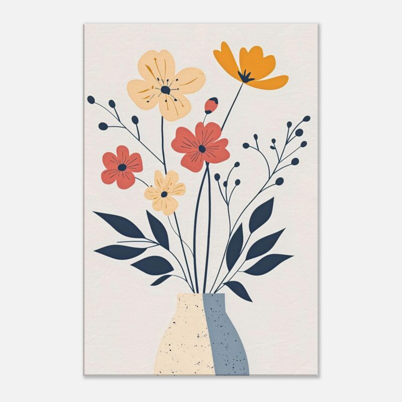 Flores abstractas en jarrón moderno, arte digital de diseño minimalista y colores cálidos.