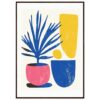 Vaso con planta azul y formas abstractas en colores amarillo, rosa y azul - Arte digital moderno para decorar interiores.
