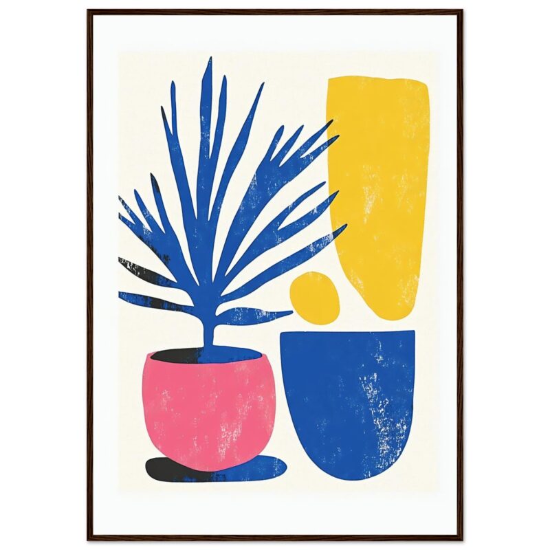 Vaso con planta azul y formas abstractas en colores amarillo, rosa y azul - Arte digital moderno para decorar interiores.
