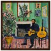 Guitarrista tocando en interior con plantas y arte en las paredes, estilo pintura expresionista.