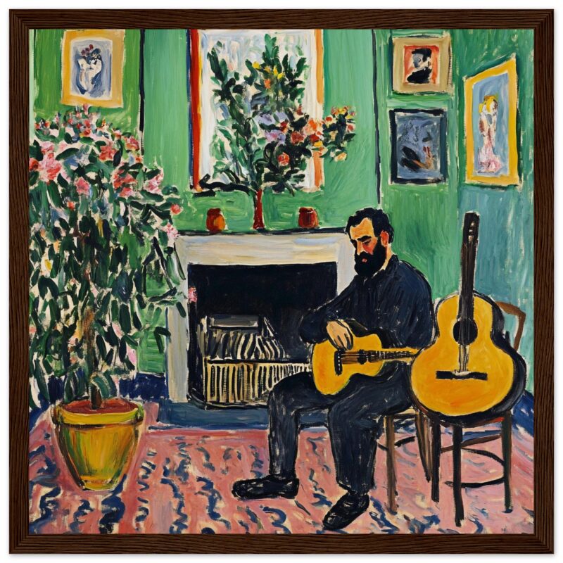 Guitarrista tocando en interior con plantas y arte en las paredes, estilo pintura expresionista.
