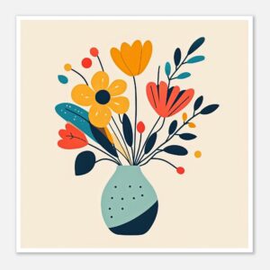 Lámina de arte moderno con flores coloridas en jarrón, ilustración vibrante y elegante para decoración.