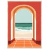 Puerta con vista a la playa y el mar al atardecer, estilo artístico moderno, diseño de ilustración digital.