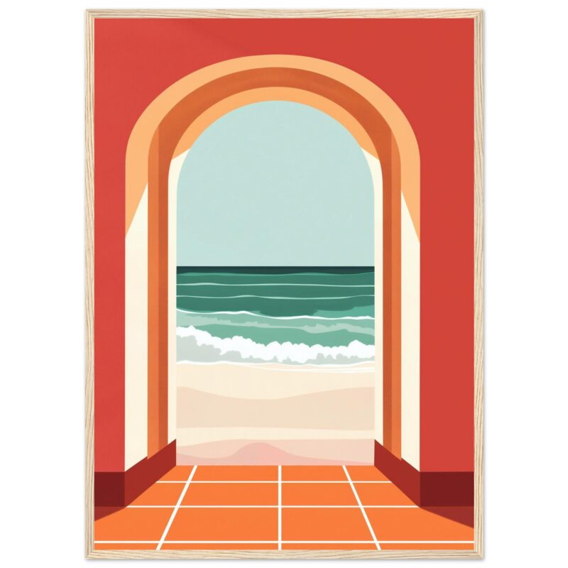 Puerta con vista a la playa y el mar al atardecer, estilo artístico moderno, diseño de ilustración digital.