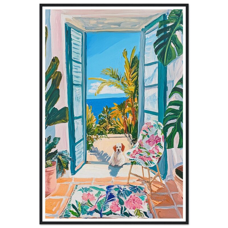 Puerta abierta a la playa con plantas tropicales, vista al mar y perro sentado. Pintura de estilo vibrante y colorido en interior y exterior.