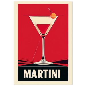 Vaso martini con cereza y sombrillla, cartel vintage de cócteles.
