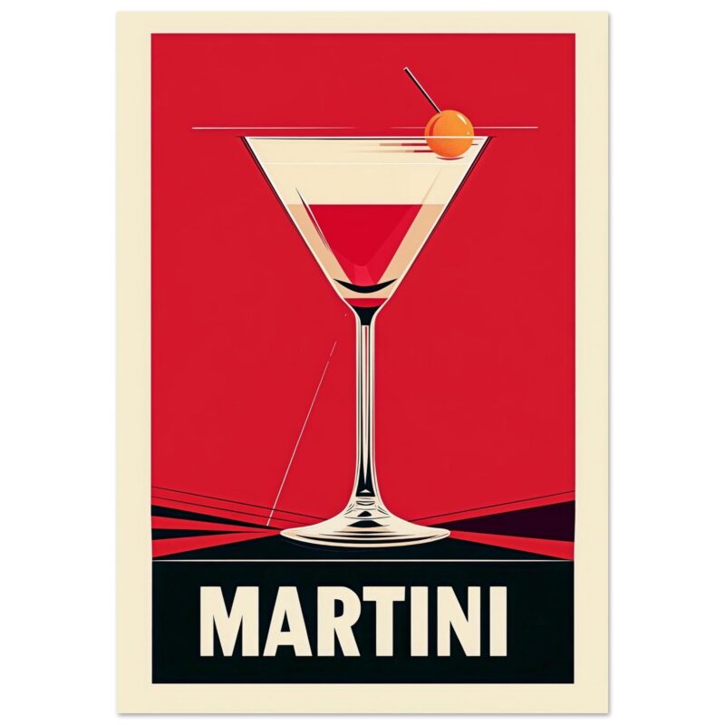 Vaso martini con cereza y sombrillla, cartel vintage de cócteles.