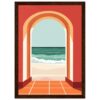 Puerta con vista al mar, ilustración digital de estilo minimalista y colorido.