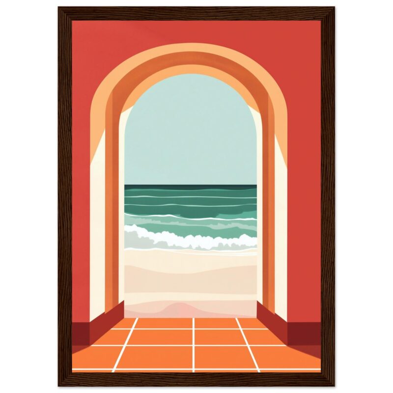 Puerta con vista al mar, ilustración digital de estilo minimalista y colorido.