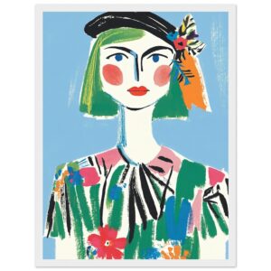 Dibujo artístico de retrato femenino con colores vivos y estilo moderno para diseño gráfico.