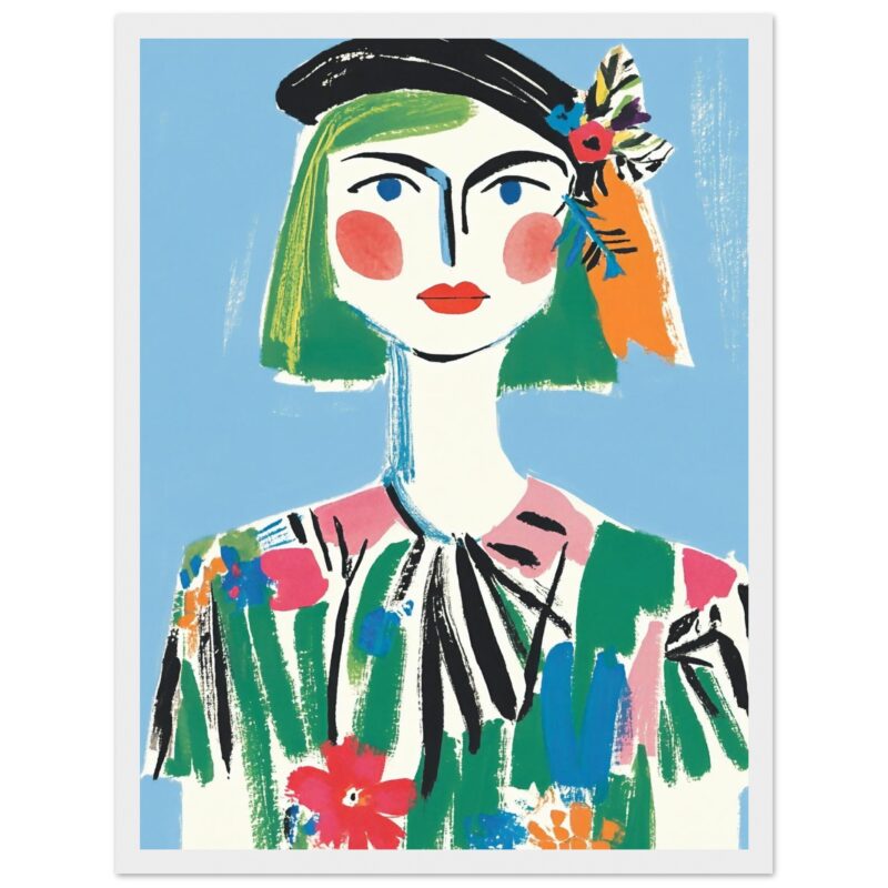 Dibujo artístico de retrato femenino con colores vivos y estilo moderno para diseño gráfico.