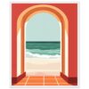 Puerta con vista al mar, diseño digital de obra artística moderna, estilo minimalista y colores cálidos, perfecta para decoración de interiores.