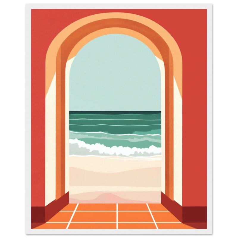 Puerta con vista al mar, diseño digital de obra artística moderna, estilo minimalista y colores cálidos, perfecta para decoración de interiores.