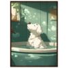 f1844855-c4e6-4775-81a8-443ad74f0c43.jpg Relajante perro Golden Retriever en baño con burbujas y luz natural en la cocina, ilustración digital de arte para mascotas y hogar.