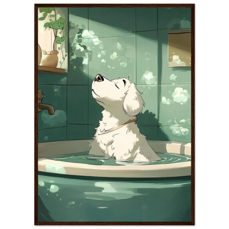 f1844855-c4e6-4775-81a8-443ad74f0c43.jpg Relajante perro Golden Retriever en baño con burbujas y luz natural en la cocina, ilustración digital de arte para mascotas y hogar.