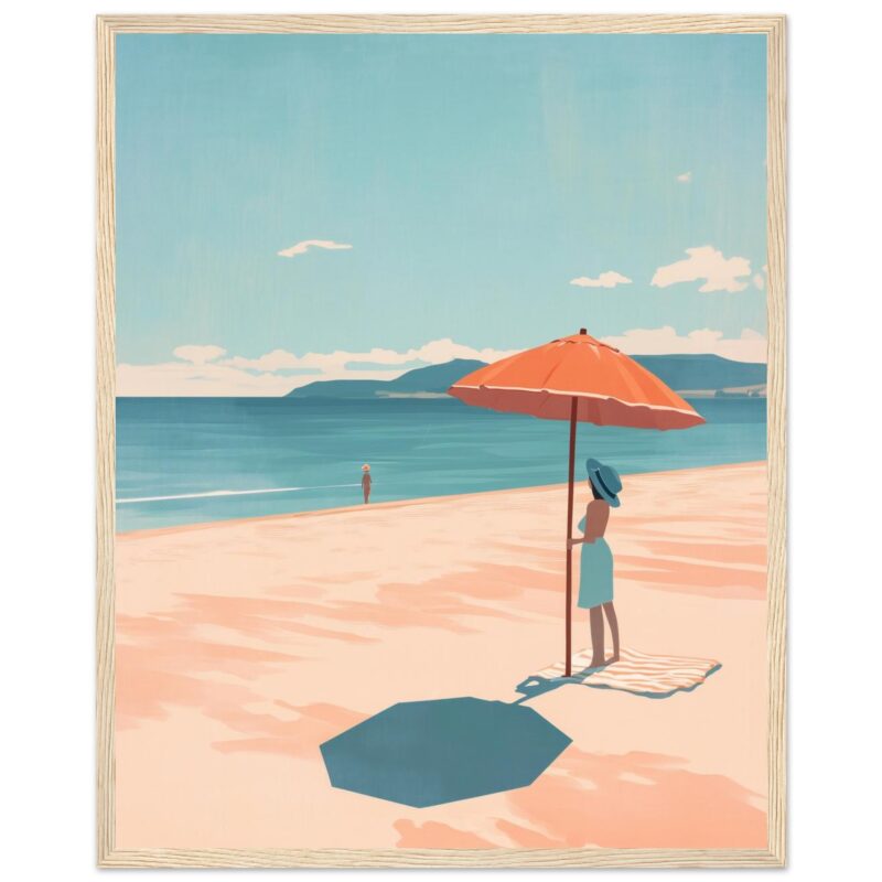 Sombrilla de playa en overhead con mujer y horizonte de mar y montañas, estilo artístico digital.