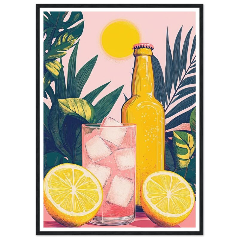 Cerveza con limón, hielo y naturaleza tropical en ilustración moderna.