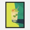 Refresco de limón y menta ilustrado en estilo vectorial, fondo geométrico en tonos verdes y amarillos.