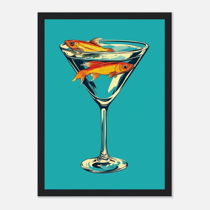Peces en vaso de cóctel con fondo azul brillante, arte digital, decoración moderna.