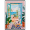 Puerta abierta a balcón con vista al mar, plantas y perro en ilustración artística.