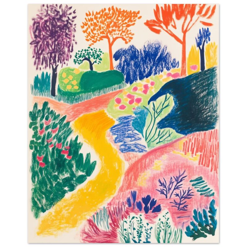 Colorear naturaleza con árboles y senderos en estilo artístico colorido y vibrante.