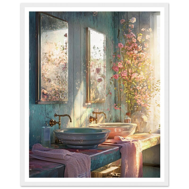 Bañera con lavabo y flores en ambiente luminoso vintage, decoración de estilo romántico y rústico.