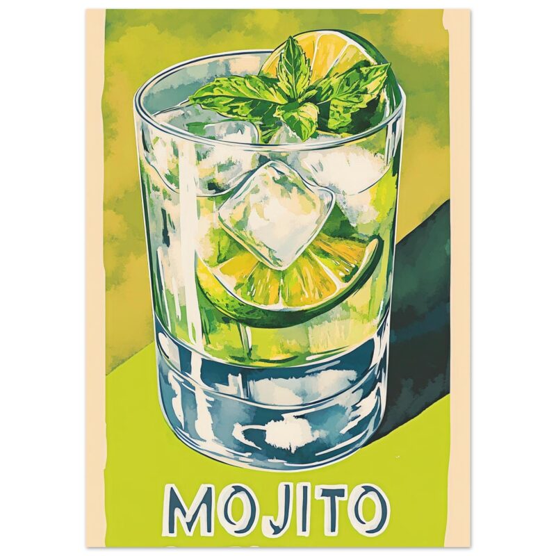 Refresco mojito con limón, menta y hielo en vaso, ilustración artística de bebida refrescante.