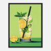 Refresco de limón y menta en vaso con hielo y pajilla, ilustración digital.