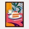 Libreta con ilustración de pastel y taza, decoración moderna y vibrante.