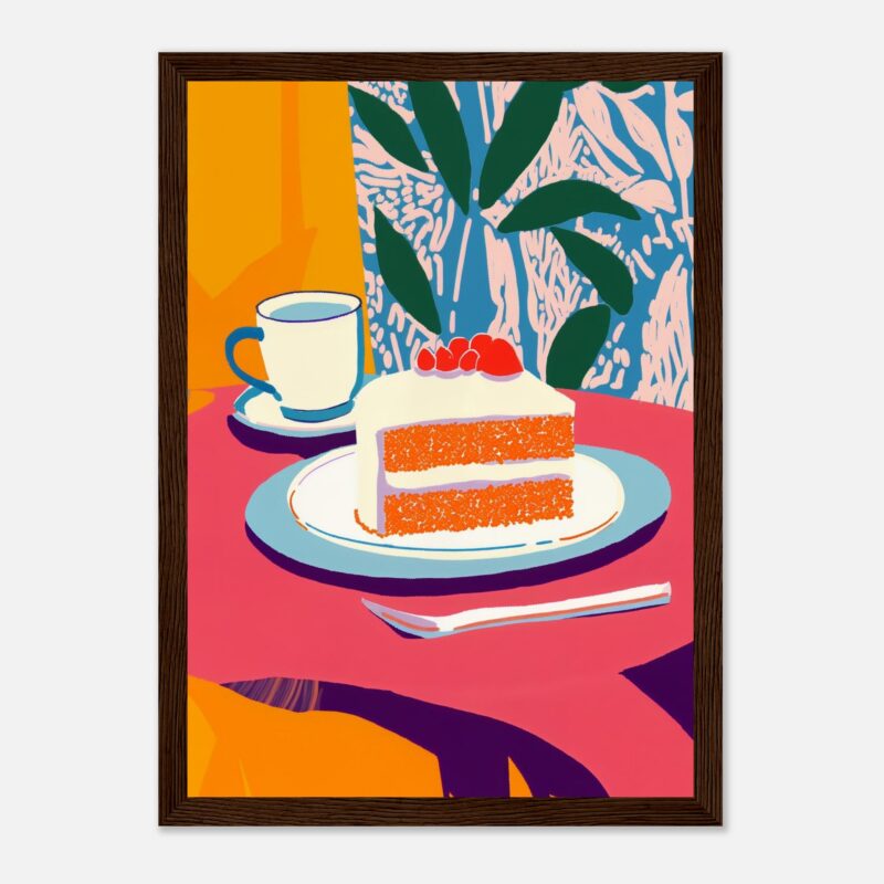 Libreta con ilustración de pastel y taza, decoración moderna y vibrante.