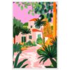 Colorida ilustración de una casa mediterránea rodeada de palmeras y vegetación exuberante, con fondo de cielo rosa pastel.