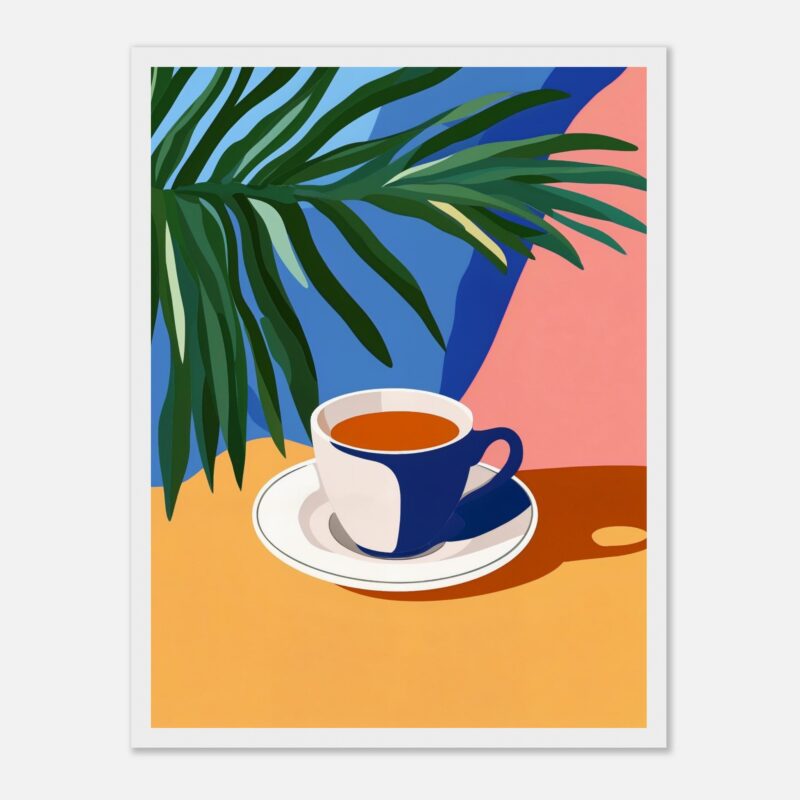 Taza de café con planta tropical en fondo colorido y moderno.