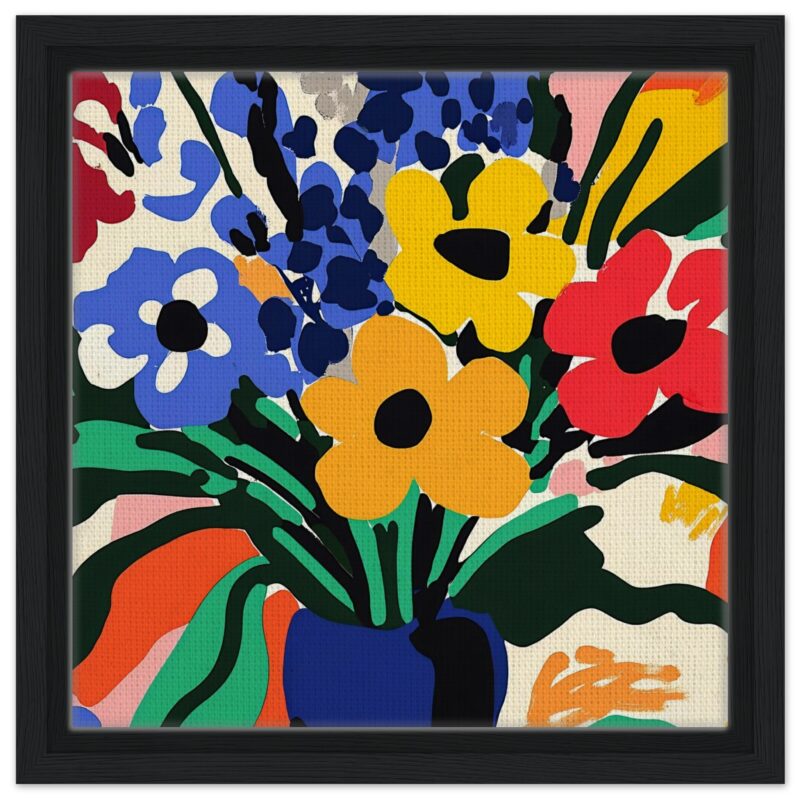 Vibrante pintura digital de flores en colores vivos, arte moderno y decorativo enmarcado para espacios creativos.