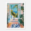 Puerta abierta con vista al mar, plantas tropicales y perro sentado, estilo pintura vibrante y colorida.