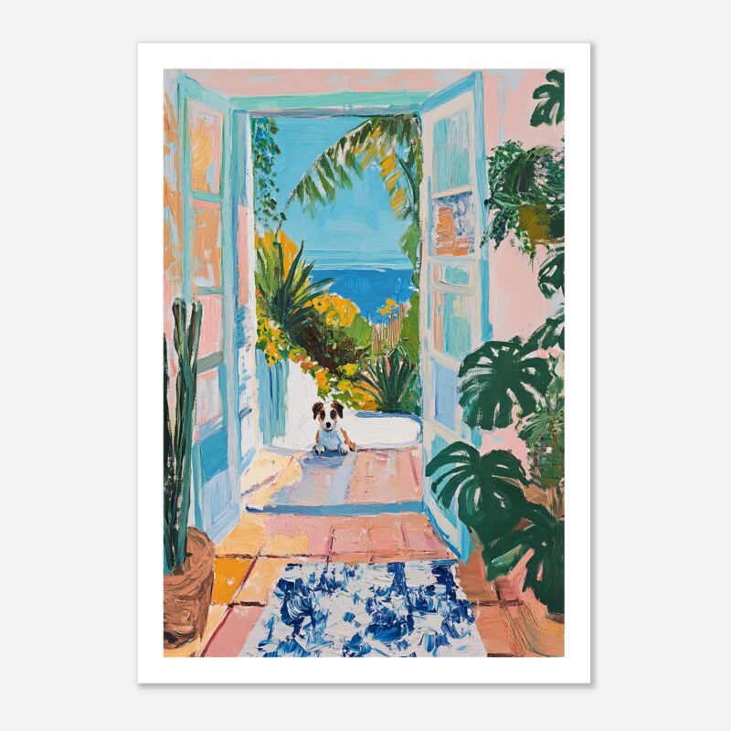 Puerta abierta con vista al mar, plantas tropicales y perro sentado, estilo pintura vibrante y colorida.