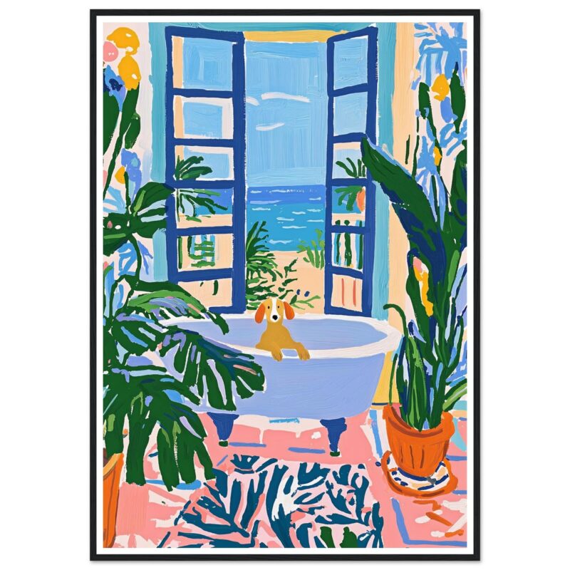 Jarrón de flores, vista al mar y perros, estilo pintura moderna, decoración de interiores, arte contemporáneo.