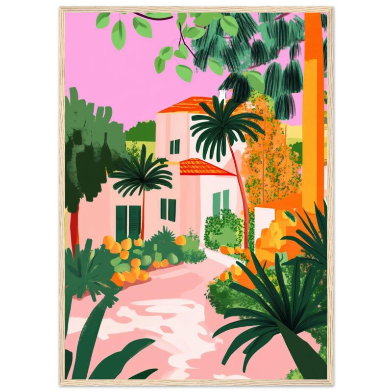 Colorida pintura digital de casa con vegetación tropical, palmeras y frutas en un estilo moderno y vibrante.