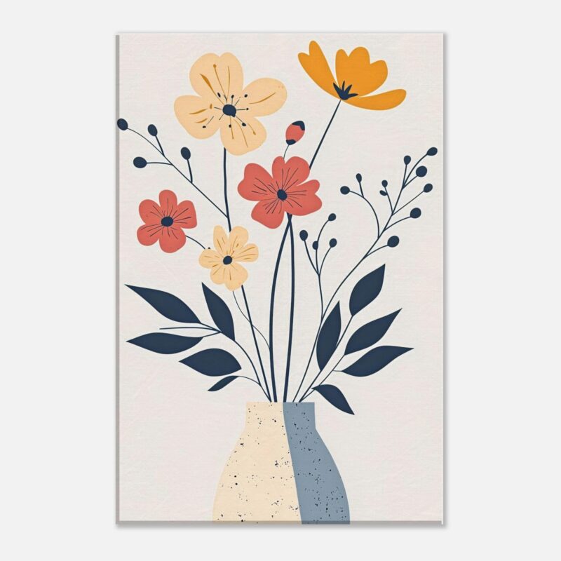 Flores modernas en jarrón, arte digital colorido, decoración minimalista para interiores.