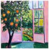 Árbol de naranjas en maceta junto a la ventana, pintura colorida y vibrante en estilo impresionista.