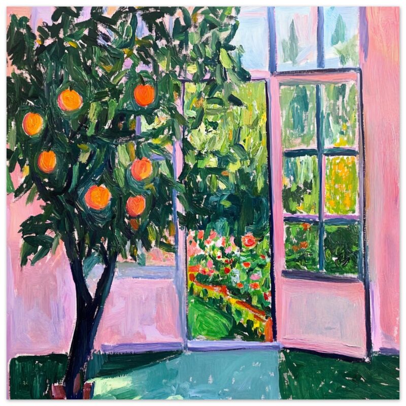 Árbol de naranjas en maceta junto a la ventana, pintura colorida y vibrante en estilo impresionista.