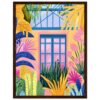 Ventana colorida rodeada de plantas tropicales y flores en estilo ilustración digital.