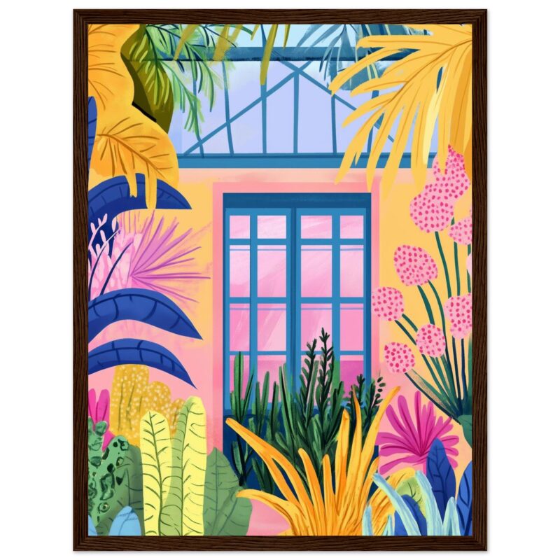 Ventana colorida rodeada de plantas tropicales y flores en estilo ilustración digital.