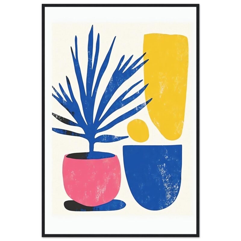 Colores vivos y estilo abstracto en cuadro moderno de plantas y jarrones de Digiart Studio.