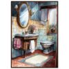 Bañera de baño con azulejos coloridos, espejo ovalado y detalles decorativos vintage en baño clásico.