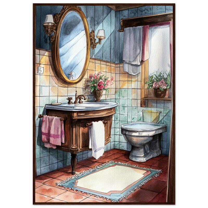 Bañera de baño con azulejos coloridos, espejo ovalado y detalles decorativos vintage en baño clásico.