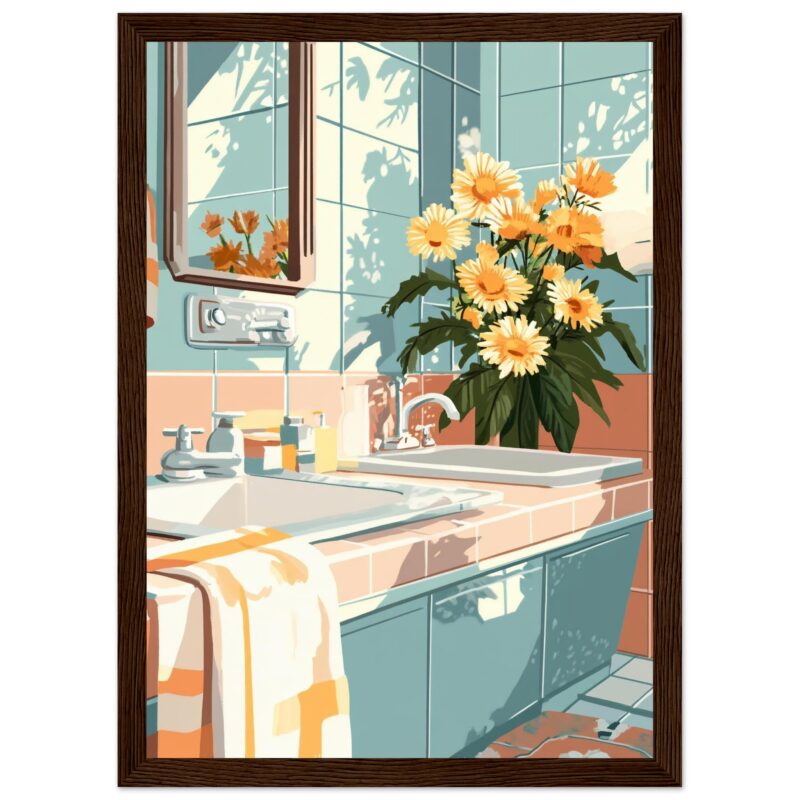 f81fd6b3-fcab-4c3f-b620-ee1e009714e5.jpg Jarrón con flores en el lavabo del baño iluminado por la luz del sol.