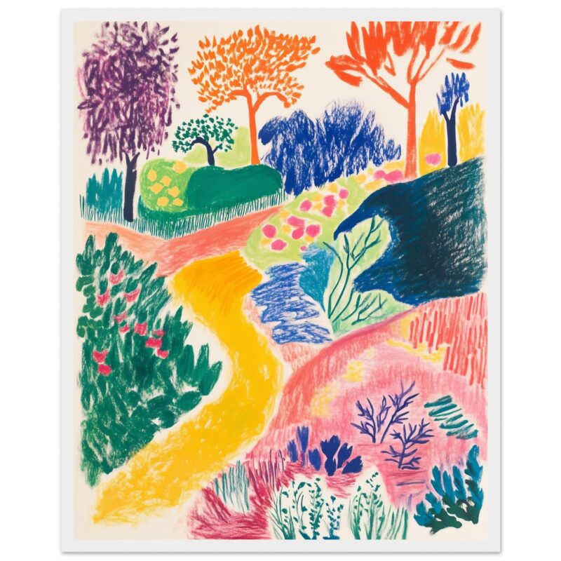 Arboles y senderos coloridos en pintura artística, estilo vibrante y moderno, ideal para decoraciones y arte contemporáneo.